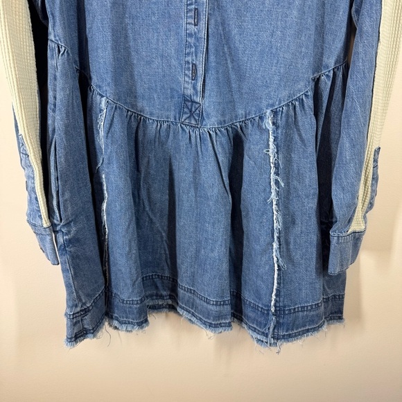 Free People Jean Tunic Dress Blue Beige Button Front Mixed Fabric Size XS - Picture 5 of 16
